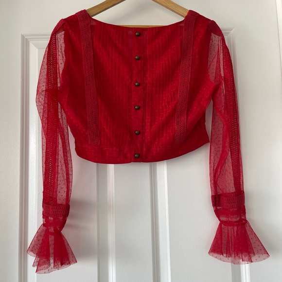 NWT Anthropologie Dotted Tulle Crop Long Sleeve Blouse Red 8P - Picture 5 of 10